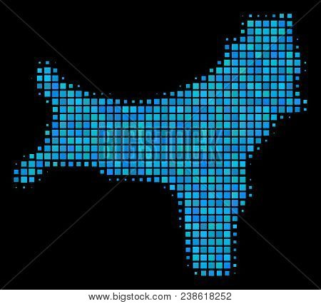 Halftone Dot Christmas Island Map. Vector Geographical Map In Blue Color Variations On A Black Backg