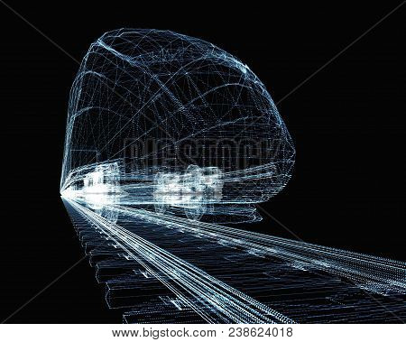 Abstract Polygonal High-speed Passenger Train. Traveling Concept. 3d Illustration On Black Backgroun