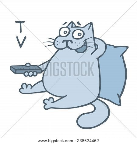 Cartoon Cat With Remote Control Wath Televisor. Vector Illustration. Funny Animal Character