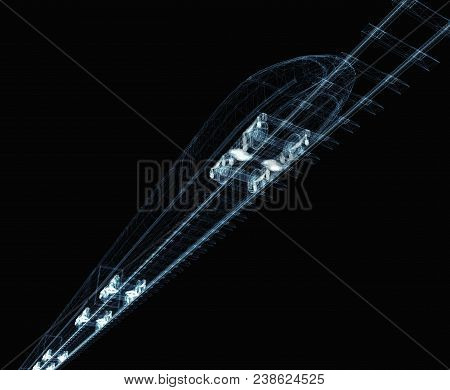 Abstract Polygonal High-speed Passenger Train. Traveling Concept. 3d Illustration On Black Backgroun