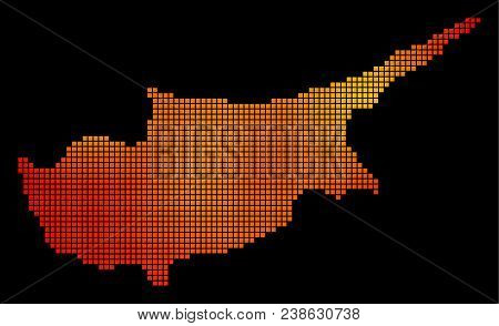 Dotted Fire Cyprus Island Map. Vector Territory Map In Fire Color Variations On A Black Background. 