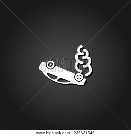 Crash Car Icon Flat. Simple White Pictogram On Black Background With Shadow. Vector Illustration Sym