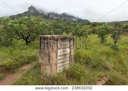 Royal Natal National Park, South Africa - March 16, 2018: A Directional Sign Built From Sandstone Bl