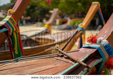 Thai Traditional Style Long-tail Boats Parked On A Beach On Koh Phi Phi Don Island At The Andaman Co
