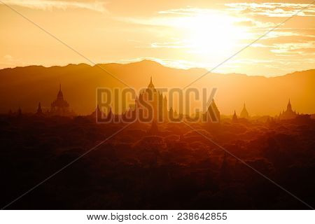 Beautiful Sunset Landscape View With Ancient Temples At Bagan, Myanmar