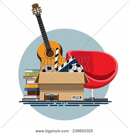 Illustration Of A Cardboard Box With Old Things In A Flat Style. Box With Old Stuff Vector. Guitar, 