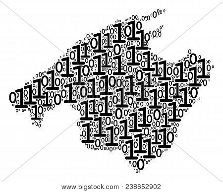 Spain Mallorca Island Map Collage Icon Of Zero And One Symbols In Different Sizes. Vector Digital Sy