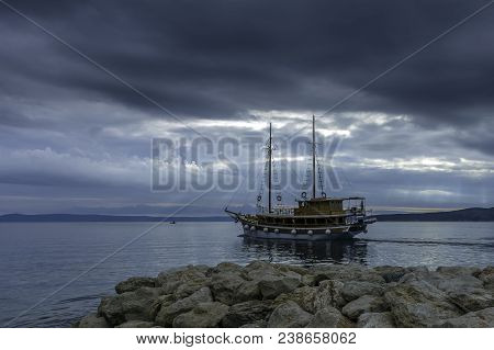 Brela, Dalmatia, Croatia - October 23: Picture Of Adriatic Sea With Floating Ship On October 23, 201