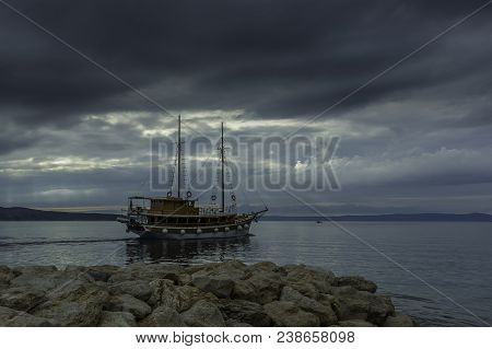 Brela, Dalmatia, Croatia - October 23: Picture Of Adriatic Sea With Floating Ship On October 23, 201