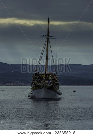 Brela, Dalmatia, Croatia - October 23: Picture Of Adriatic Sea With Floating Ship On October 23, 201