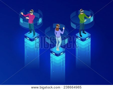 Isometric Men And A Woman Wearing Goggle Headset With Touching Vr Interface. Into Virtual Reality Wo