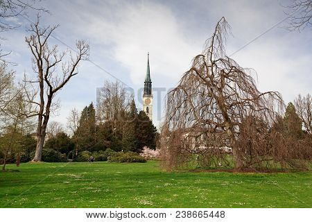 Villette-park In The Town Of Cham. View Of The Saint Jacob Church. Cham, Canton Of Zug, Switzerland.
