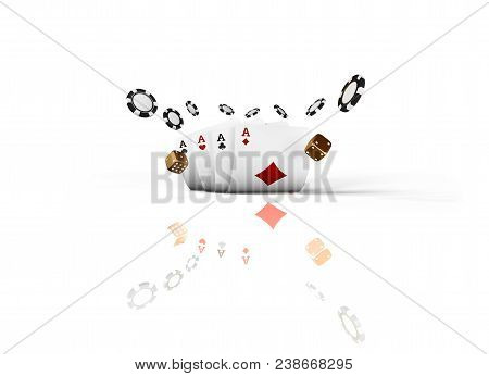 Casino Cards Dice And Chips Fly Isolated On White Background. Online Casino Concept With Place For T