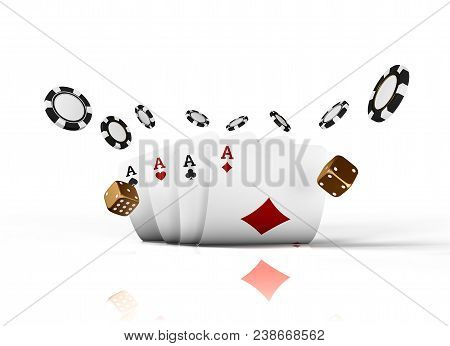 Casino Cards Dice And Chips Fly Isolated On White Background. Online Casino Concept With Place For T