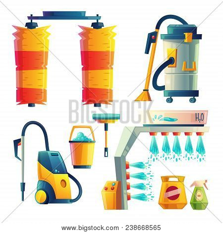 Vector Set Of Cartoon Bright Car Washing Elements. Automobile Service For Cleaning Transport By Liqu