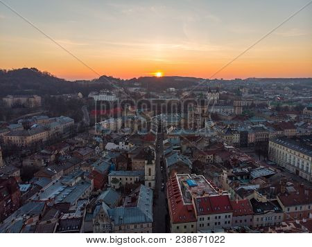 Beauty Panoramic View On Sunrise Over Old European City