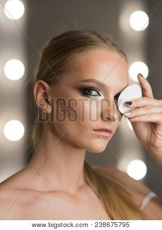 Woman Remove Makeup With Cotton Pad. Makeup Application Or Removal. Skincare, Treatment And Therapy.