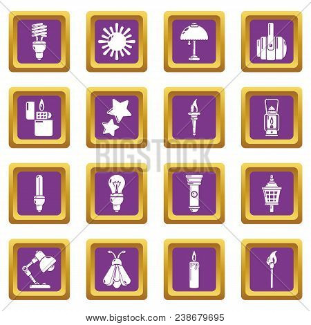 Light Source Icons Set Vector Purple Square Isolated On White Background