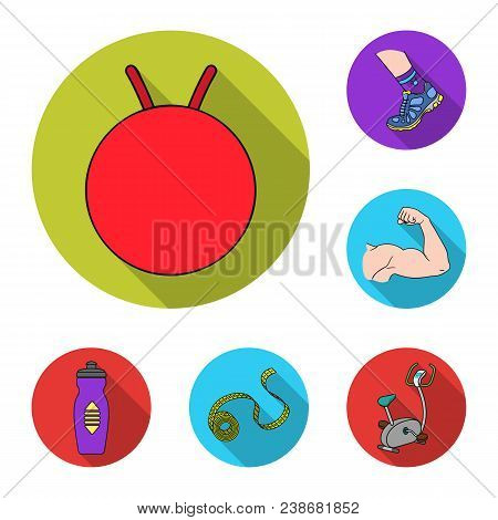 Fitness And Attributes Flat Icons In Set Collection For Design. Fitness Equipment Vector Symbol Stoc