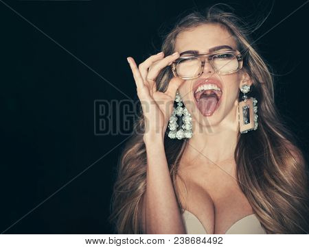 Woman Attractive With Big Breasts Wears Ugly Eyeglasses For Vision. Girl Short Sightedness Needs Mod