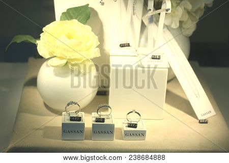 Amsterdam Schiphol Airport, The Netherlands - April 14th 2018: Diamond Engagement Rings And Other Je
