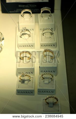 Amsterdam Schiphol Airport, The Netherlands - April 14th 2018: Diamond Engagement Rings And Other Je