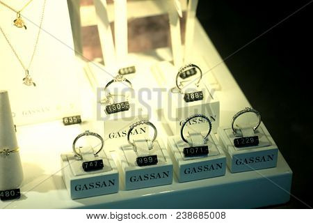Amsterdam Schiphol Airport, The Netherlands - April 14th 2018: Diamond Engagement Rings And Other Je