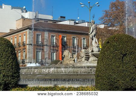 Madrid, Spain - January 22, 2018: Neptuno Fountain And Thyssen Bornemisza Museum In City Of Madrid, 