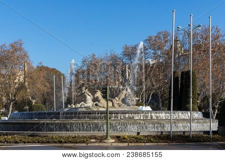 Madrid, Spain - January 22, 2018: Neptuno Fountain In City Of Madrid, Spain