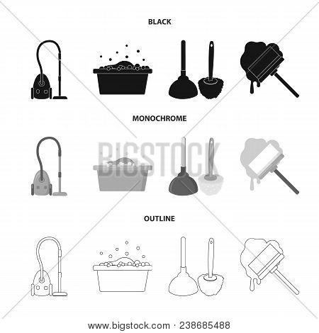 Cleaning And Maid Black, Monochrome, Outline Icons In Set Collection For Design. Equipment For Clean