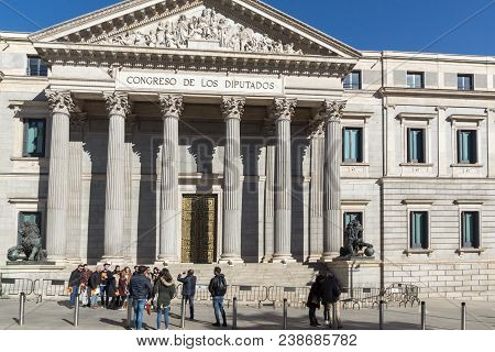 Madrid, Spain - January 22, 2018: Building Of Congress Of Deputies (congreso De Los Diputados) In Ci