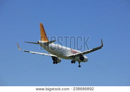 Amsterdam The Netherlands - April, 21st 2018: Tc-dca Pegasus Airbus A320-214 Final Approach To Schip