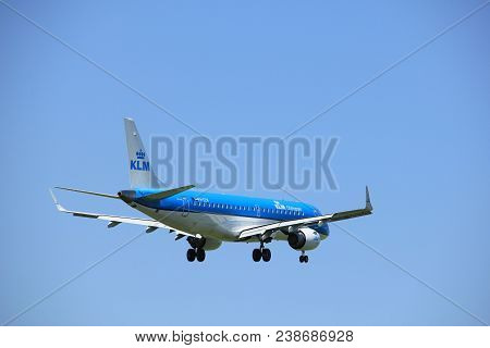 Amsterdam The Netherlands - April, 21st 2018: Ph-ezn Klm Cityhopper Embraer Erj-190std Final Approac