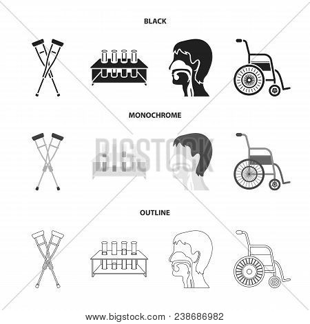 Crutch, Tripod With Test Tubes, Wheelchair, Human Respiratory System. Medicine Set Collection Icons 