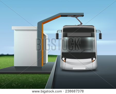 Vector Illustration Of Modern Electric Bus During Charging On Bus Stop, Isolation On Landscape Backg
