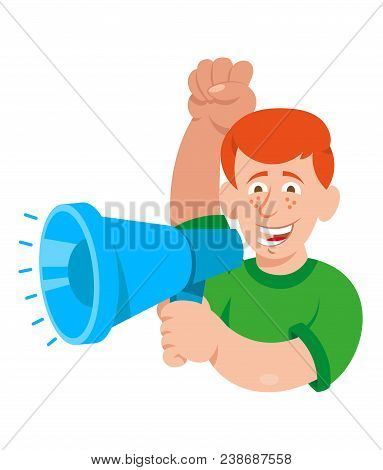 One White Young Smile Redhead Man Which Keep Megaphone And Shout Take Part In Protest For Freedom Ri