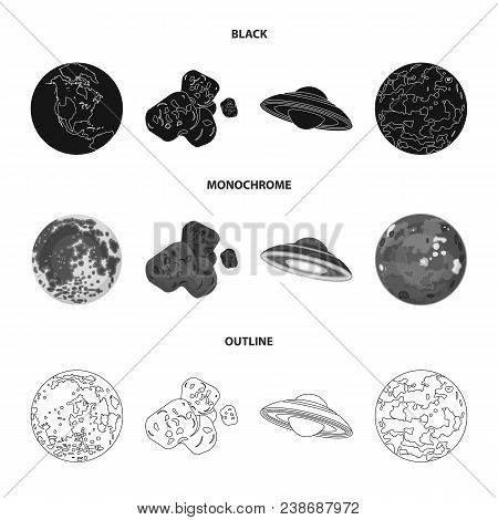 Moon, Venus Of The Planet Of The Solar System. Nil, A Meteorite. Planets Set Collection Icons In Bla
