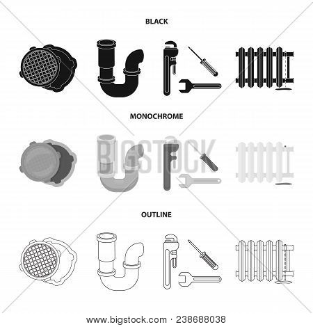Sewage Hatch, Tool, Radiator.plumbing Set Collection Icons In Black, Monochrome, Outline Style Vecto