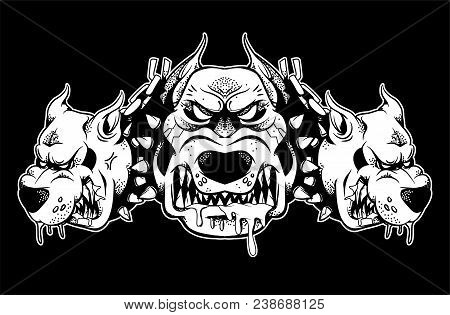 Three Headed Cerberus Dog That Shows Their Big Teeth And Growls. Black White Design Illustration Mod