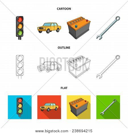 Traffic Light, Old Car, Battery, Wrench, Car Set Collection Icons In Cartoon, Outline, Flat Style Ve
