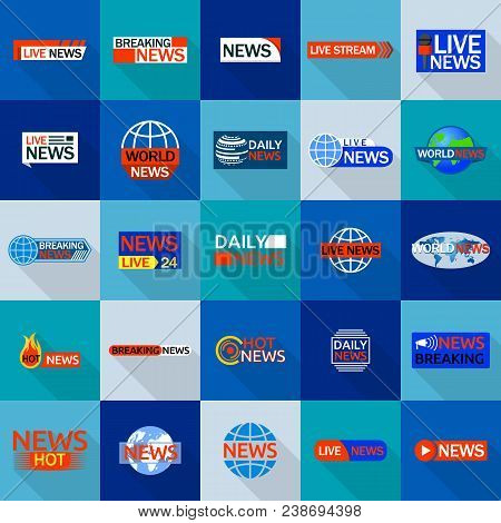 News Live Breaking Label Icons Set. Flat Illustration Of 25 News Live Breaking Label Vector Icons Fo