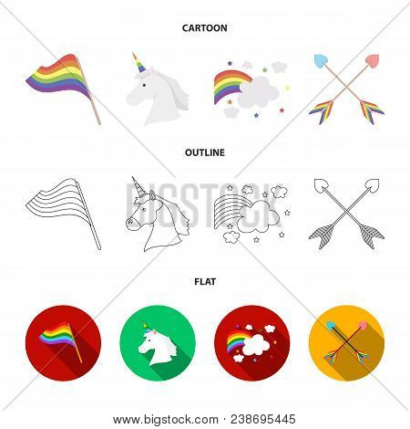 Flag, Unicorn Symbol, Arrows With Heart.gay Set Collection Icons In Cartoon, Outline, Flat Style Vec