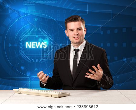 Modern televison presenter telling the news with tehnology background concept