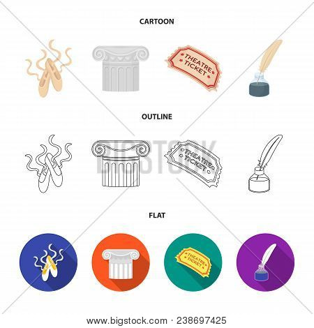 Pointe Shoes, Column, Theater Ticket, Inkwell With Feather. Theater Set Collection Icons In Cartoon,