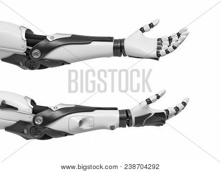3d Rendering Of Set Of Two Black And White Robotic Hands With Palms Open And Fingers Relaxed And Sti