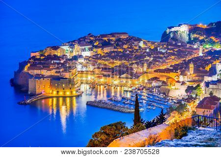 Dubrovnik, Croatia. Spectacular Twilight Picturesque View On The Old Town Of Ragusa From The Lovrije
