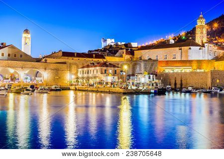 Dubrovnik, Croatia. Spectacular Twilight Picturesque View On The Old Town Of Ragusa From The Lovrije