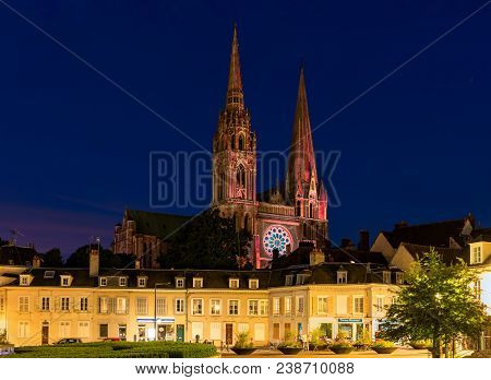 Illumination Of Chartres Cathedral At Night