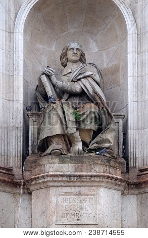 PARIS, FRANCE - JANUARY 04: Bossuet by Jean Jacques Feuchere, Fountain of the Sacred Orators, Place Saint Sulpice in Paris, France on January 04, 2018.