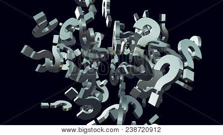 3d Rendering Illustration Of Exploding Question Mark Particles As Concept Of Perplexion And Confusio